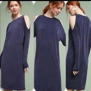 Anthropologie Eri + Ali Navy Cupro Annalyn Cocoon Midi Dress M Cold Shoulder
